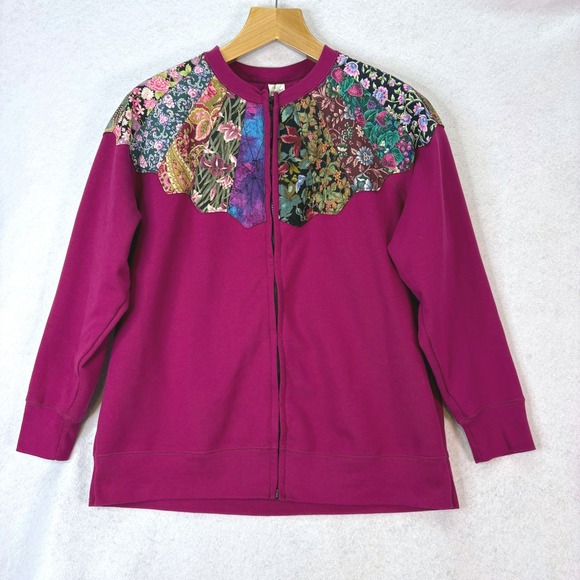 Tops - Floral Quilted Patchwork Magenta Zip Sweatshirt Women 1X Cottagecore Boho Artsy